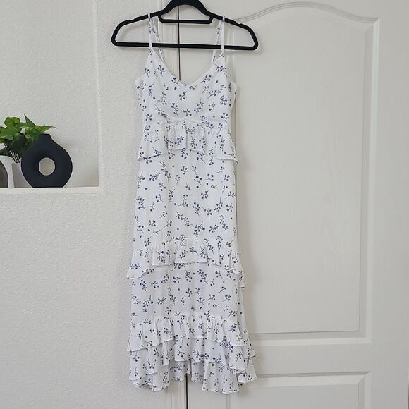Row A white Blue Floral Tiered Ruffle Dress Summer XS V Neck Midi Length Women's - Picture 1 of 7